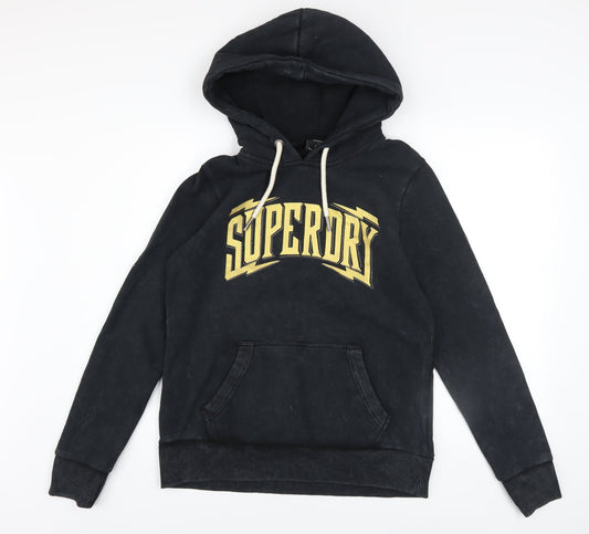 Superdry Womens Black Hoodie UK 12 Pullover Cotton Blend Graphic Logo