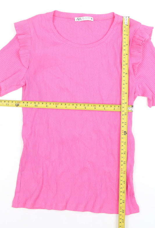 ZARA Women Pink Short Sleeve Ruffle Crew Neck Cotton T-Shirt Size S
