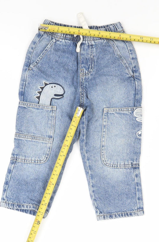Dunnes Stores Boys Blue 18-24M Cargo Jeans Trousers with Dinosaur Design