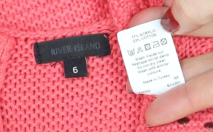 River Island Womens Pink V-Neck Studded Full Zip Knit Jumper Size 6