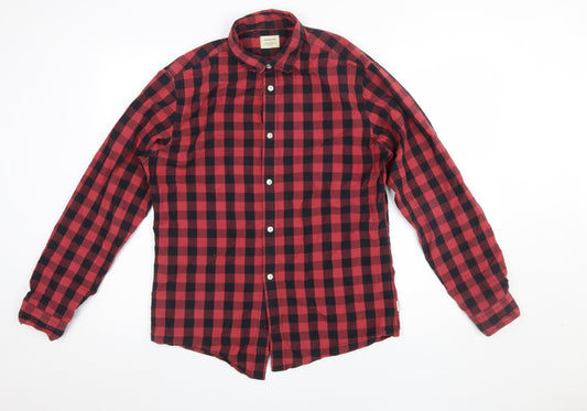 Jack & Jones Men's Red Check Flannel Button-Up Shirt M Regular Fit