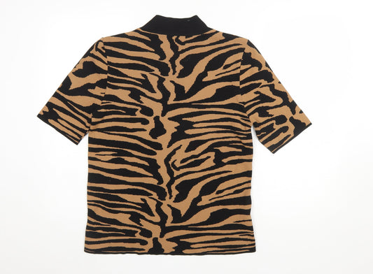 Next Women’s Brown Black Animal Print Mock Neck Short Sleeve Top Size 16