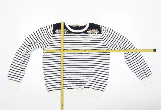 Oasis Women’s White Navy Striped Beaded Crew Neck Jumper Size L
