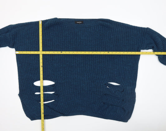 Naanaa Women's Blue Chunky Knit Distressed Pullover Jumper Size S