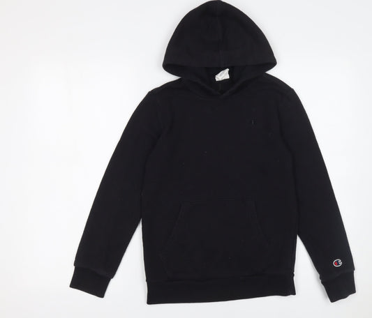 Additional front view of Champion boys’ black hoodie, size 11-12, years pullover cotton blend sweatshirt