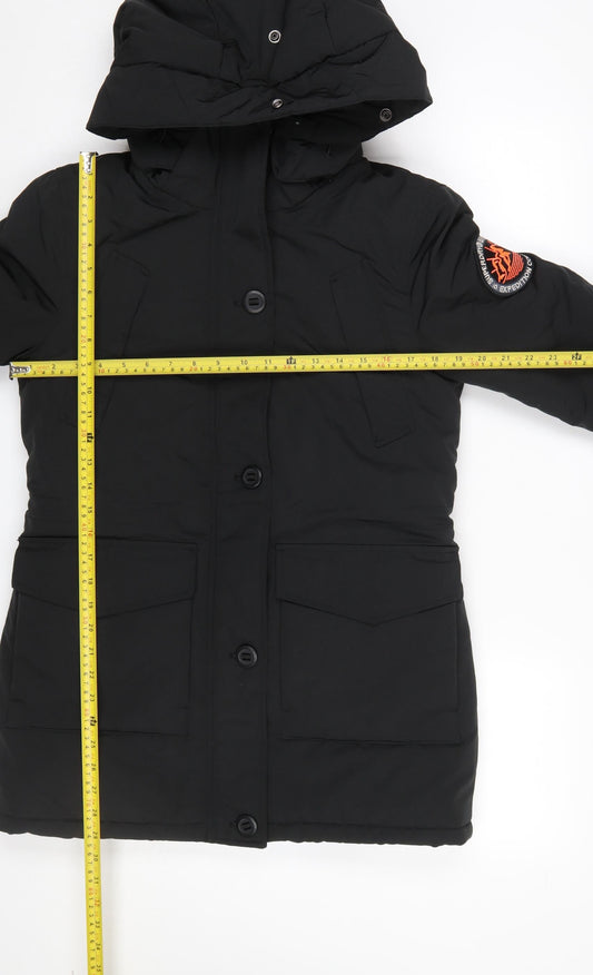 Superdry Womens Black Everest Parka Coat Size 8 Hooded Winter Jacket