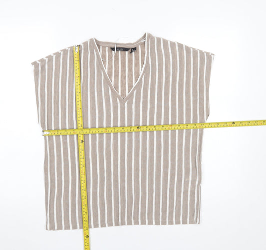 Vero Moda Women Beige Striped Sleeveless V-Neck Blouse Size L