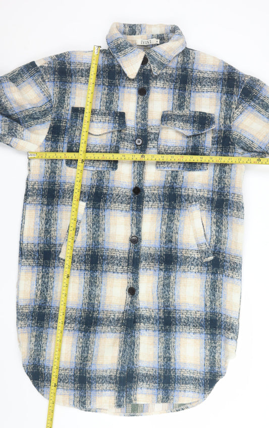 IVIVI Men's Blue Checked Mid-Length Flannel Jacket M