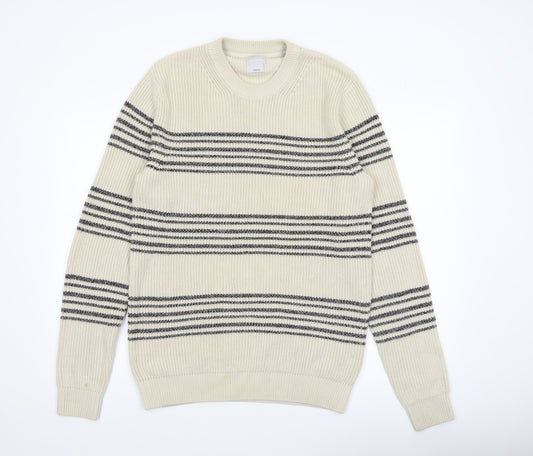 Jack & Jones Men’s Ivory Striped Cotton Knit Jumper Size M