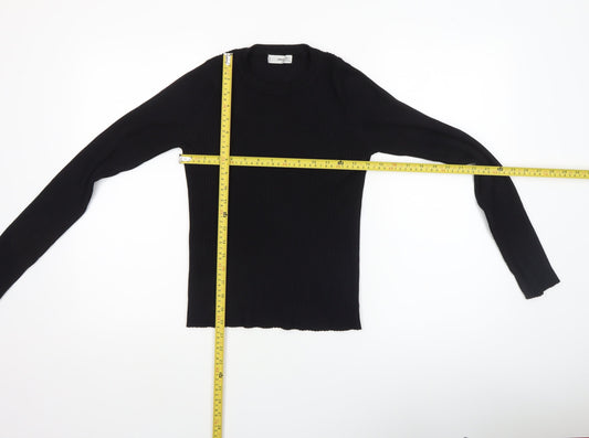 MNG Women Black Slim Fit Ribbed Knit Long Sleeve Pullover Jumper Size 12
