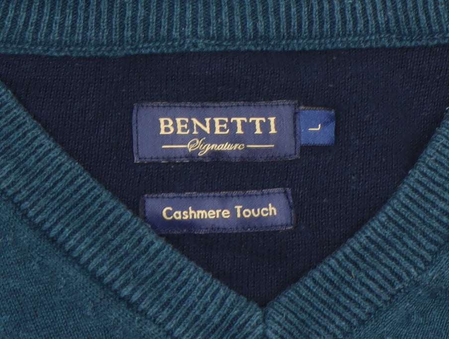 Benetti Men's Blue Cotton V-Neck Jumper L Classic Knit