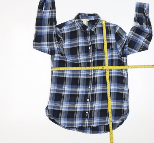 H&M Women’s Blue Plaid Cotton Button-Up Shirt Size 6 Long Sleeve