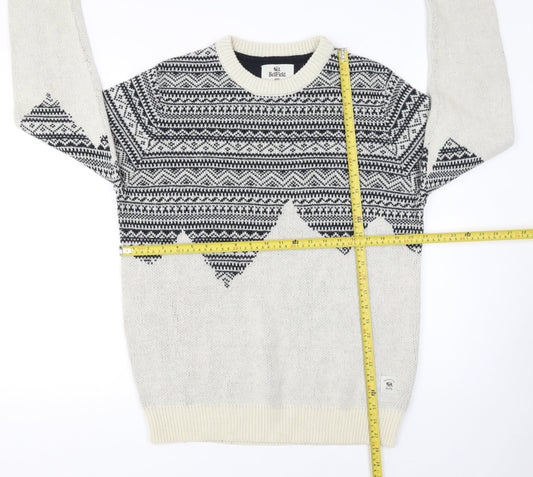 Bellfield Men's Grey Fair Isle Knit Jumper Size L Wool Blend Crew Neck