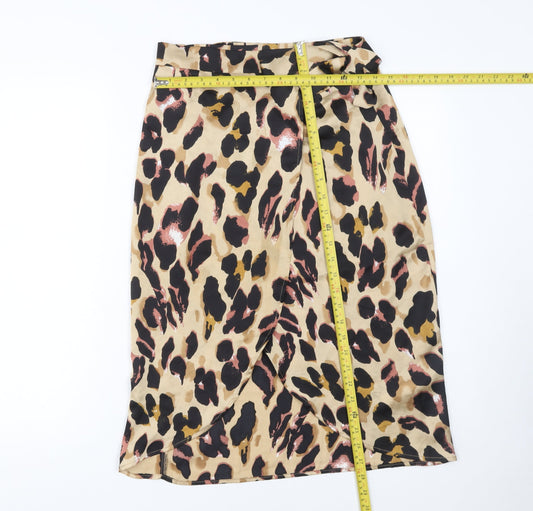 Boohoo Women Beige Leopard Wrap Midi Skirt Size 8 Polyester