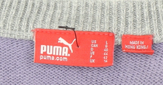 Brand and care label for Puma women’s grey purple striped boat neck jumper, size UK 14