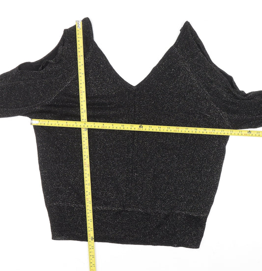 Next Women Black Size 14 Sparkle Cold Shoulder V-Neck Knit Blouse