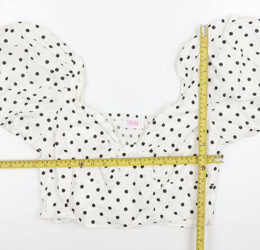 Savida Women White Polka Dot Cropped Puff Sleeve Blouse Size 14