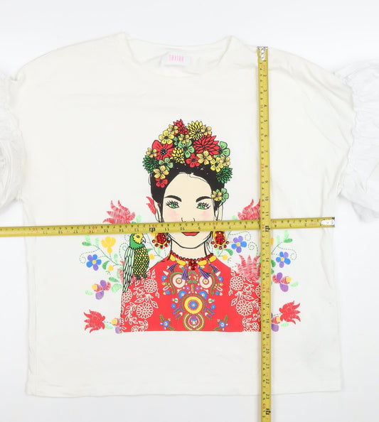 Savior Women White Large Graphic Puff Sleeve T-Shirt