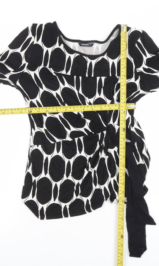 Roman Women Black White Wrap Blouse Size 10 Long Sleeve Geometric Top