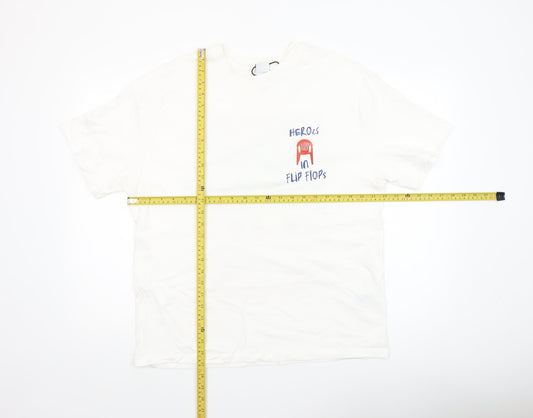 Bershka Women’s White Graphic T-Shirt Size L Beach Print Casual Top
