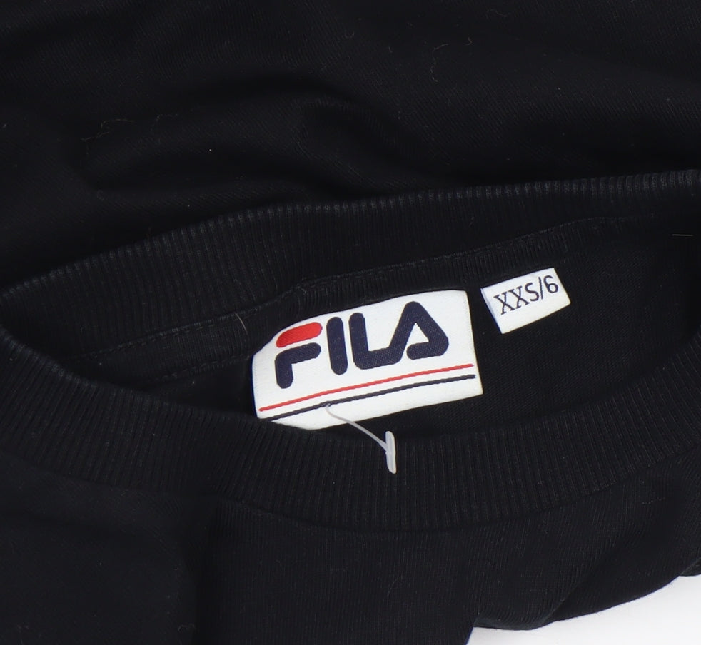 Brand and care label for Fila women’s black cropped long sleeve crew neck t-shirt size 2xs