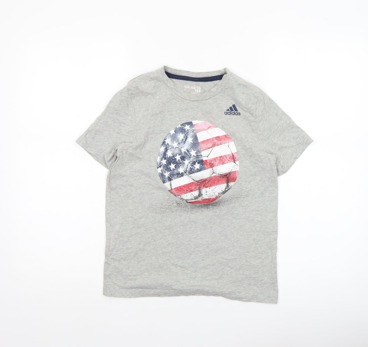 Brand and care label for Adidas boys’ grey t-shirt, size 8/10, the go-to tee crew neck casual top
