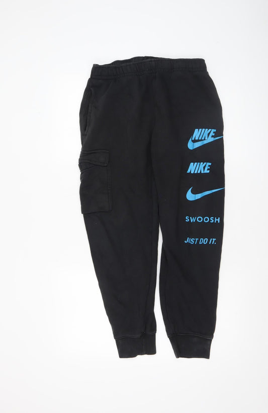 Nike Men’s Black Jogger Cargo Trousers S Small Logo Print Fleece