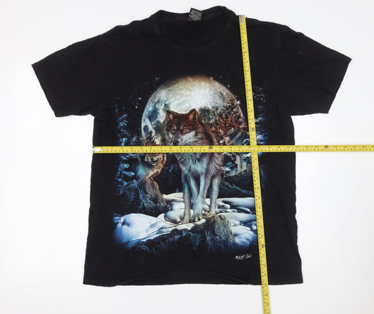Wild Men's Black Wolf Graphic T-Shirt Size L Vintage Nature Tee