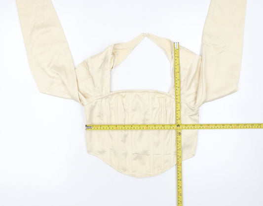 Missguided Women Ivory Cropped Satin Long Sleeve Blouse UK 10