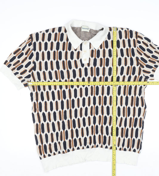 Bound Mens XL Retro Geometric Knit Polo Shirt Multicoloured Cotton Blend