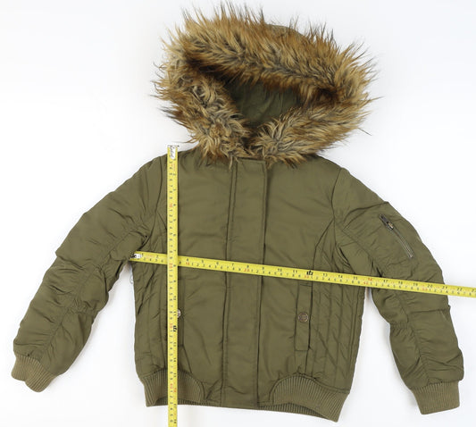 Next Boys Green Hooded Faux Fur Trim Bomber Jacket 7 Years Polyester Lined