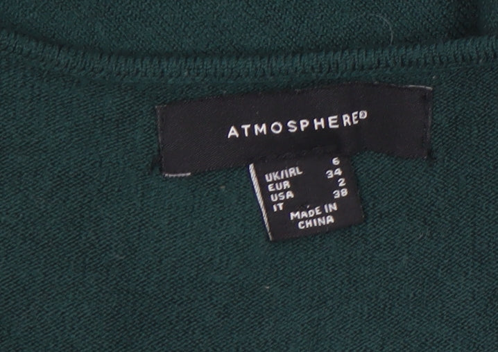Brand and care label for Atmosphere Women's Green V-Neck Long Sleeve Knit Jumper, size 6