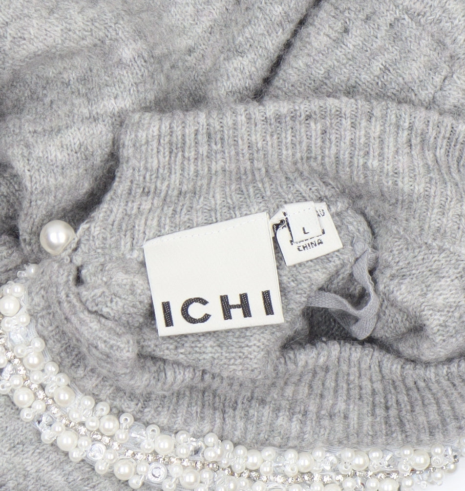 Additional view of ICHI Women's Grey Beaded High Neck 3/4 Sleeve Knit Jumper, size L
