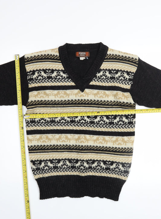 Foster Mens Beige Fair Isle Wool Blend V-Neck Jumper Size L