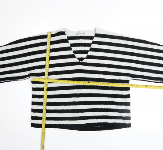 Zara Women Black White Striped V-Neck Relaxed Knit Jumper Size 8