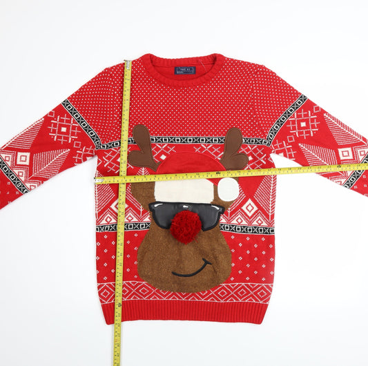 Next Boys Red Christmas Reindeer Jumper 15 Years Acrylic Cotton Blend