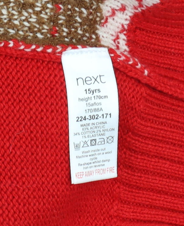 Next Boys Red Christmas Reindeer Jumper 15 Years Acrylic Cotton Blend