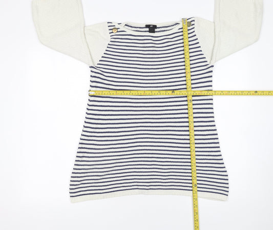 H&M Women’s White Navy Striped Cotton Knit 3/4 Sleeve Jumper Size 8