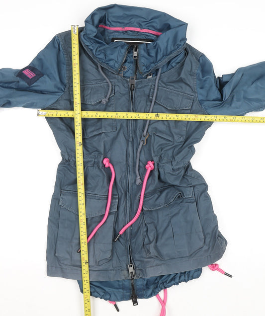 Superdry Women's Blue XS Hooded Parka Jacket with Pink Drawstrings