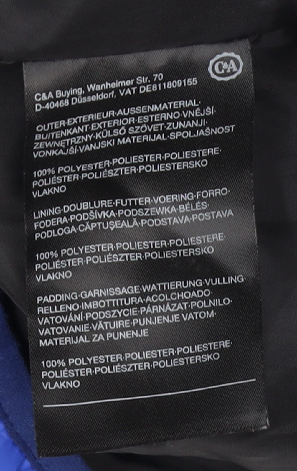 C&A Boys Blue Colourblock Puffer Jacket 12 Years Polyester Quilted Zip Coat