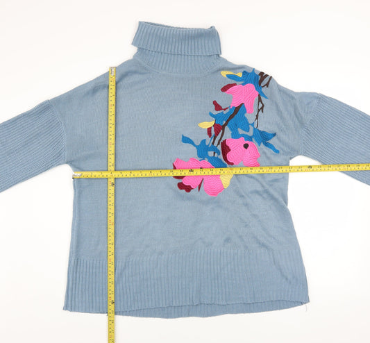 Lost Ink Women’s Blue Floral Roll Neck Jumper Size 10 Acrylic Knit