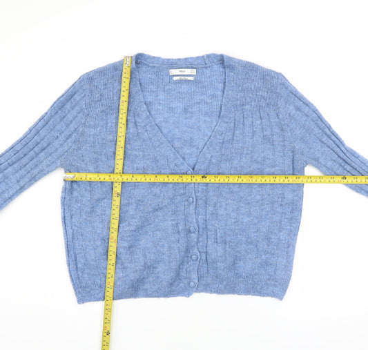 MNG Women’s Blue Wool Blend Ribbed V-Neck Button Cardigan Size 8