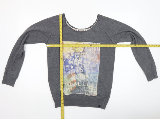 Blonde+Blonde Women’s Grey Boat Neck Long Sleeve Graphic T-Shirt Size 10