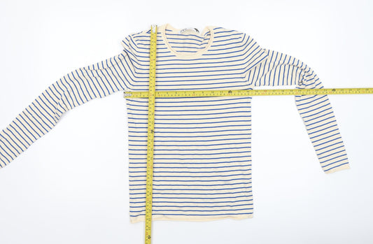 Zara Women Beige Blue Striped Crew Neck Pullover Jumper Size 12