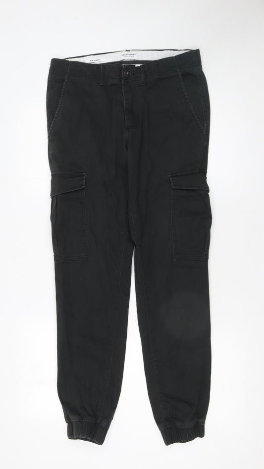 Jack & Jones Men's Black Slim Cargo Trousers 32W 34L Cotton Blend