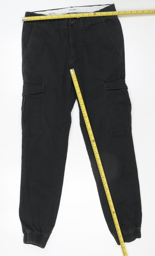 Jack & Jones Men's Black Slim Cargo Trousers 32W 34L Cotton Blend