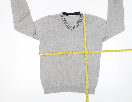 Nigel Hall Men Grey Cotton V-Neck Pullover Jumper M