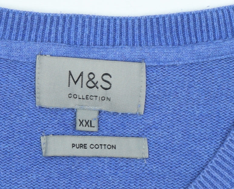 Marks and Spencer Men Blue 2XL V-Neck Cotton Pullover Jumper
