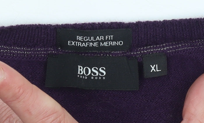 Hugo Boss Men's Purple V-Neck Merino Wool Jumper XL Regular Fit