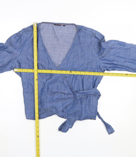 Salsa Women Blue Wrap Lyocell Chambray Blouse L Long Sleeve